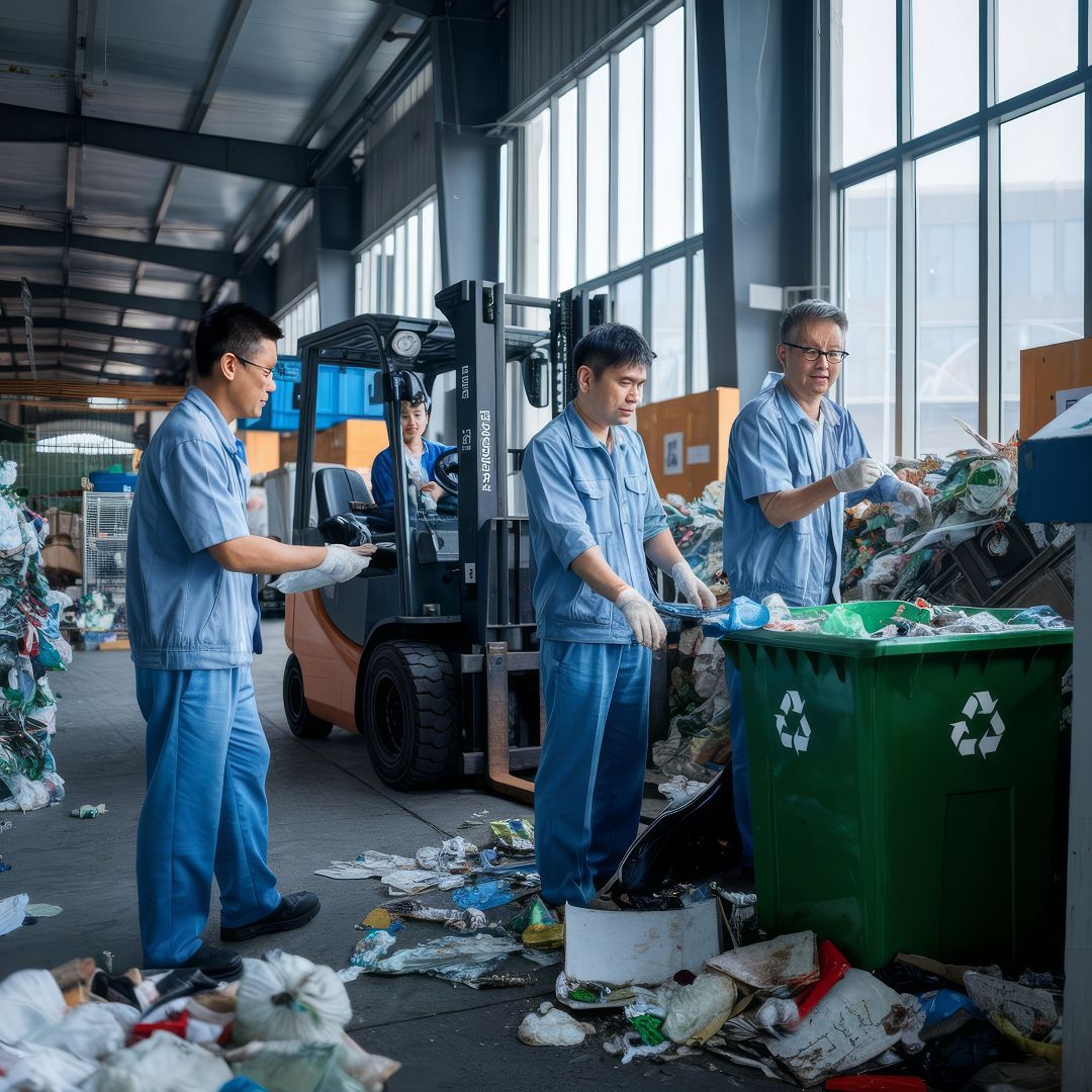 Asian workers recycling factory with forklift background engineers standing recyclin