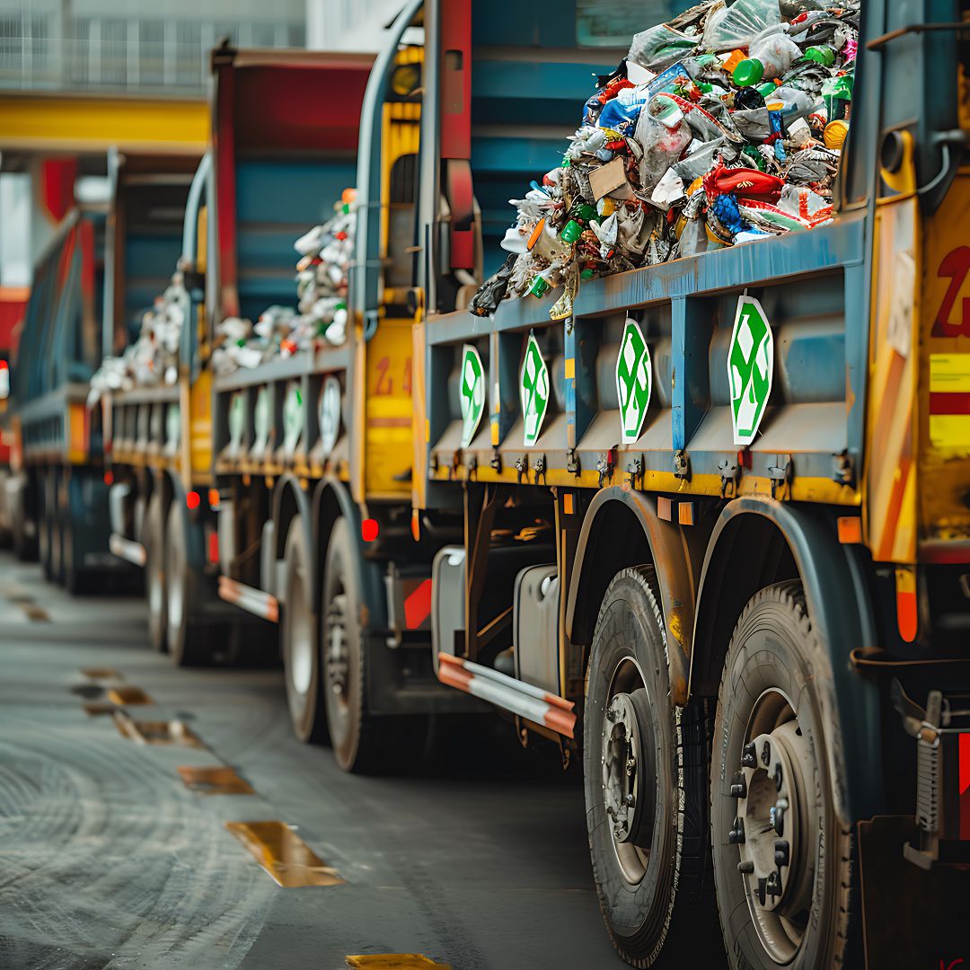 There are many garbage trucks that are lined up on the street